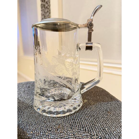 ALWE etched glass stein, pewter lid, pheasant scene, W. Germany, heavy cut glass - Picture 3 of 7